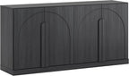 BELLEZE Bijou 64" Modern Buffet Sideboard, Mid-Century Arch Carved Wood Door Cabinet, Textured Storage Console for Living Room, Kitchen, Entryway - Ebony