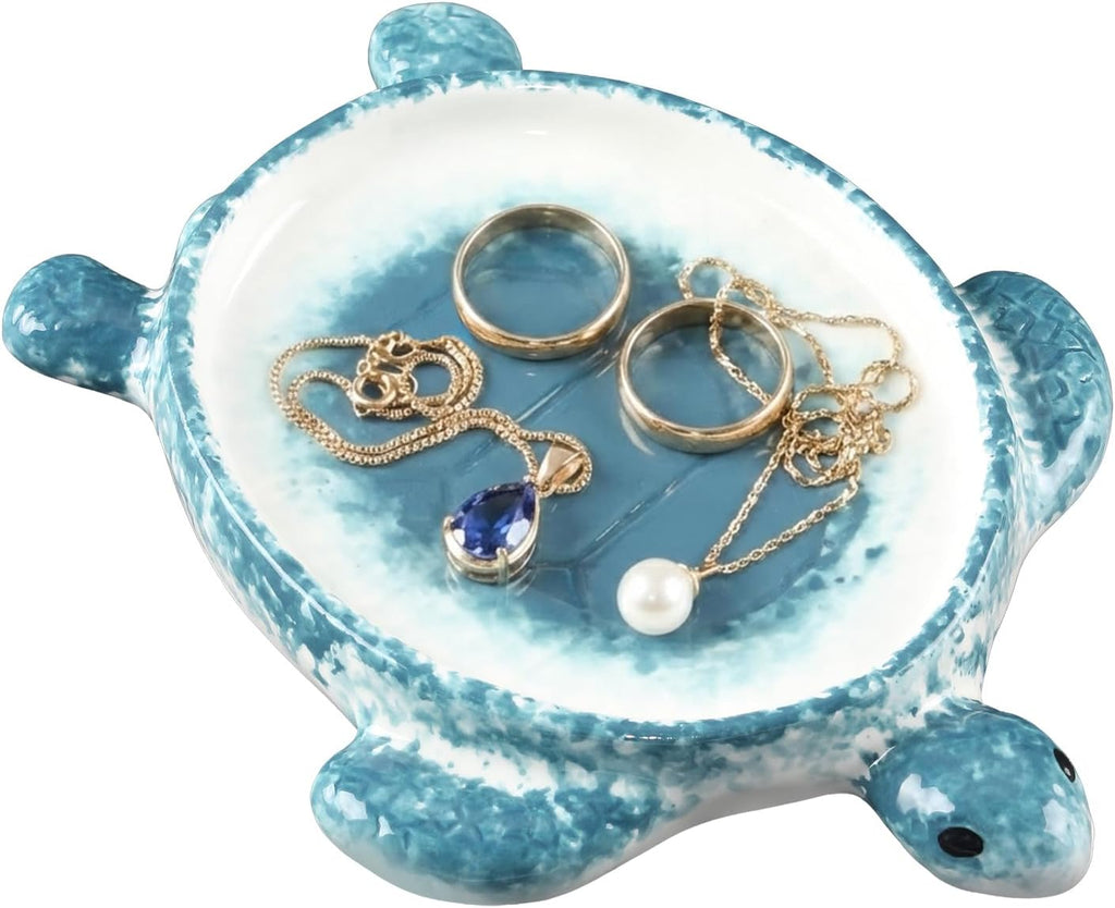 Potiera Sea Turtle Jewelry Tray, Handmade Ceramic Decorative Blue Ring Holder Trinket Dish for Earrings Necklace Key, Christmas Birthday Sea Turtle Gifts for Girls Women Mom, Coastal Ocean Beach Decor