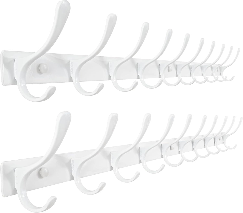 SKOLOO Coat Rack Wall Mounted - 10 Hooks, Pack of 2, Heavy Duty, Stainless Steel, Metal Wall Hangers, Sturdy Coat Hooks for Hanging Coats, Jacket, Clothes, Hat, White