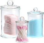 MDLUU Glass Canisters, Apothecary Jars with Airtight Lids, Bathroom Vanity Storage Organizer Containers for Qtip Cotton Swabs, Cotton Balls, Flossers, Bath Salt, Hair Tie, Set of 3
