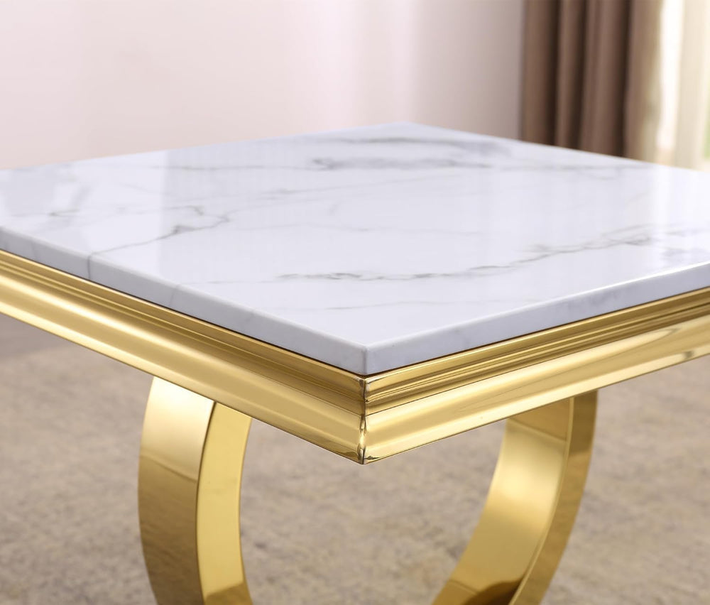 Modern Luxury Faux Marble End Table with Polished Gold Stainless Steel Base S...