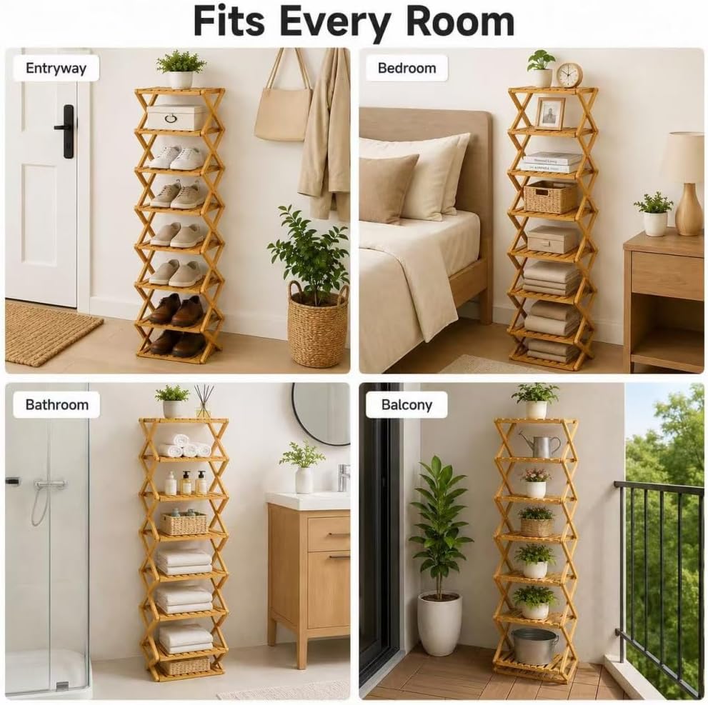 8-Tier Folding Shoe Rack, Vertical Space-Saving Storage Organizer, Heavy-Duty Foldable Shoe Shelf for Entryway, Closet, Bedroom