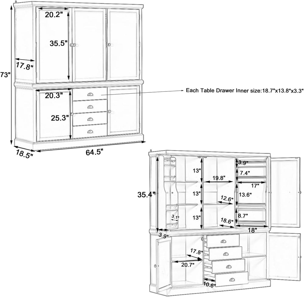 73'' Traditional Freestanding Wooden Kitchen Pantry, Large Kitchen St...