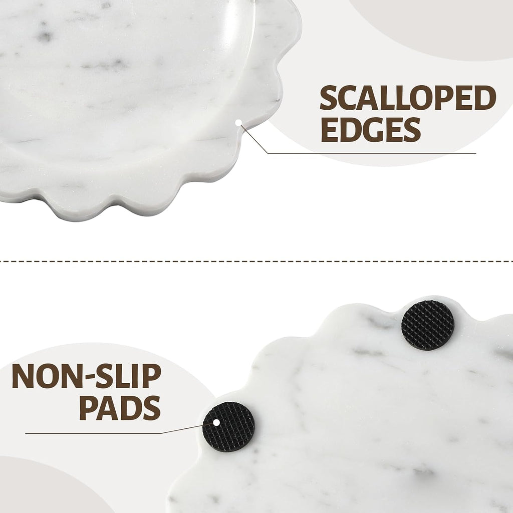 5.51" Scalloped Marble Tray, Round Stone Jewelry Trinket Dish for Ring, Natural Small Marble Tray for Bathroom Kitchen Dresser Countertop, Decorative Candle Tray(Bianco Carrara)
