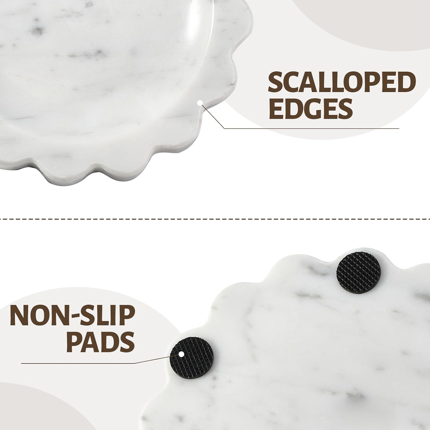 5.51" Scalloped Marble Tray, Round Stone Jewelry Trinket Dish for Ring, Natural Small Marble Tray for Bathroom Kitchen Dresser Countertop, Decorative Candle Tray(Bianco Carrara)