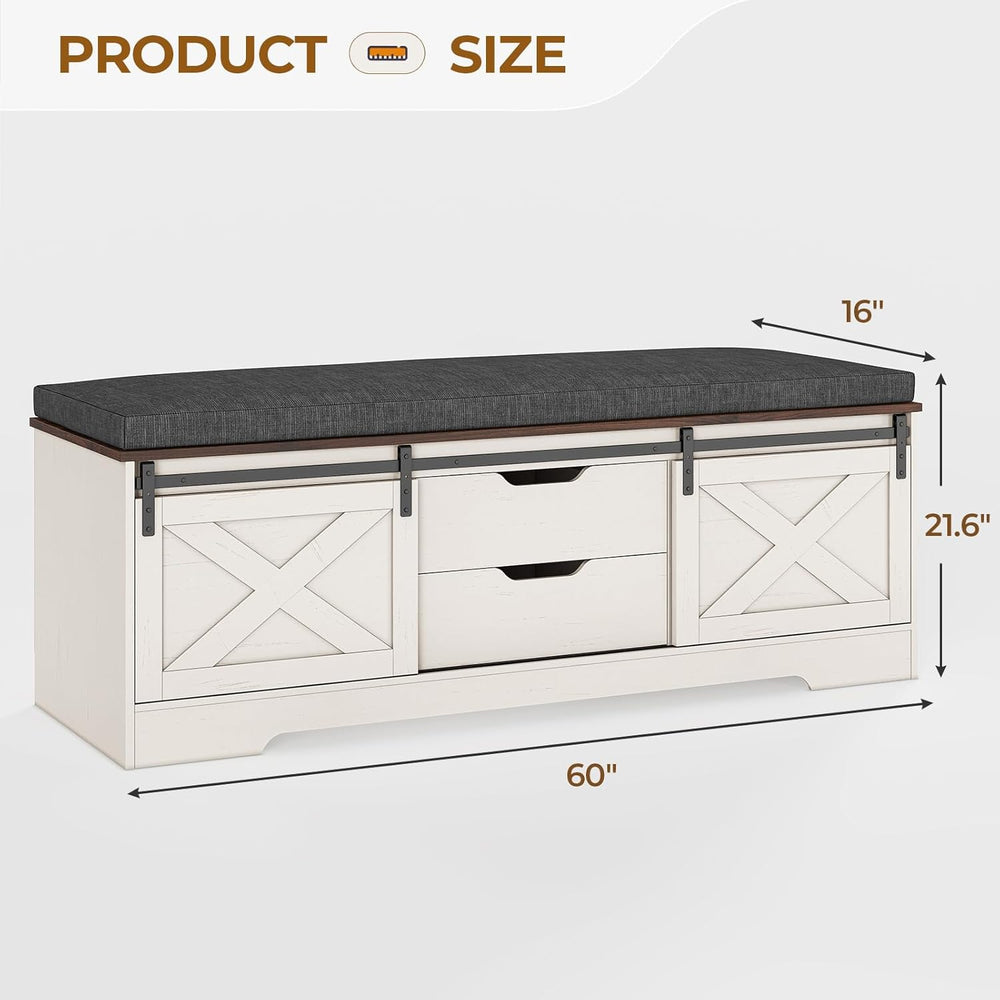 UPOSOJA 60“ Farmhouse Storage Bench with Cushion, Shoe Rack with Slide Barn D...