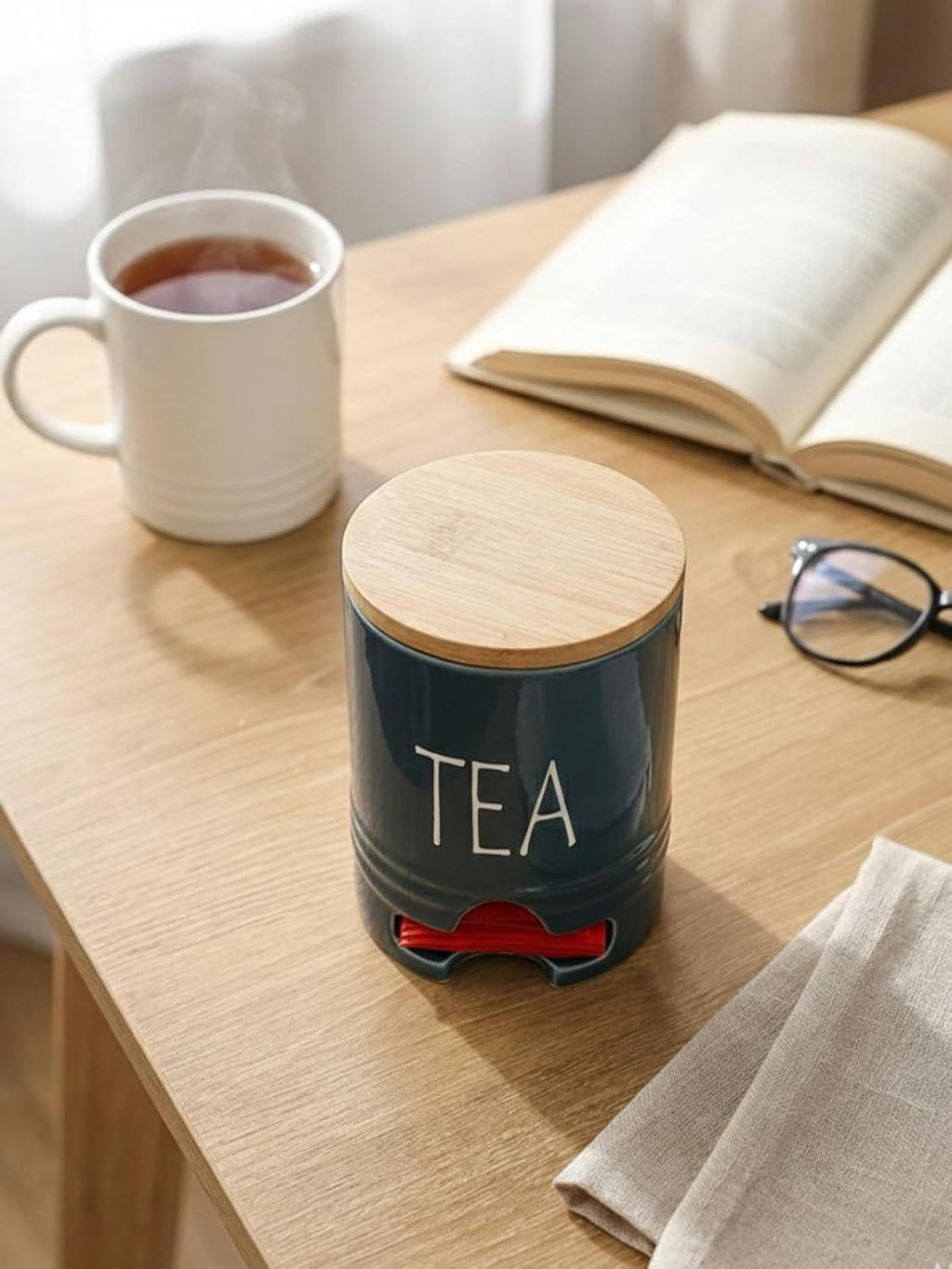 Farmhouse Ceramic Tea Bag Holder with Wood Lid for Countertop (Navy)