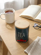 Farmhouse Ceramic Tea Bag Holder with Wood Lid for Countertop (Navy)