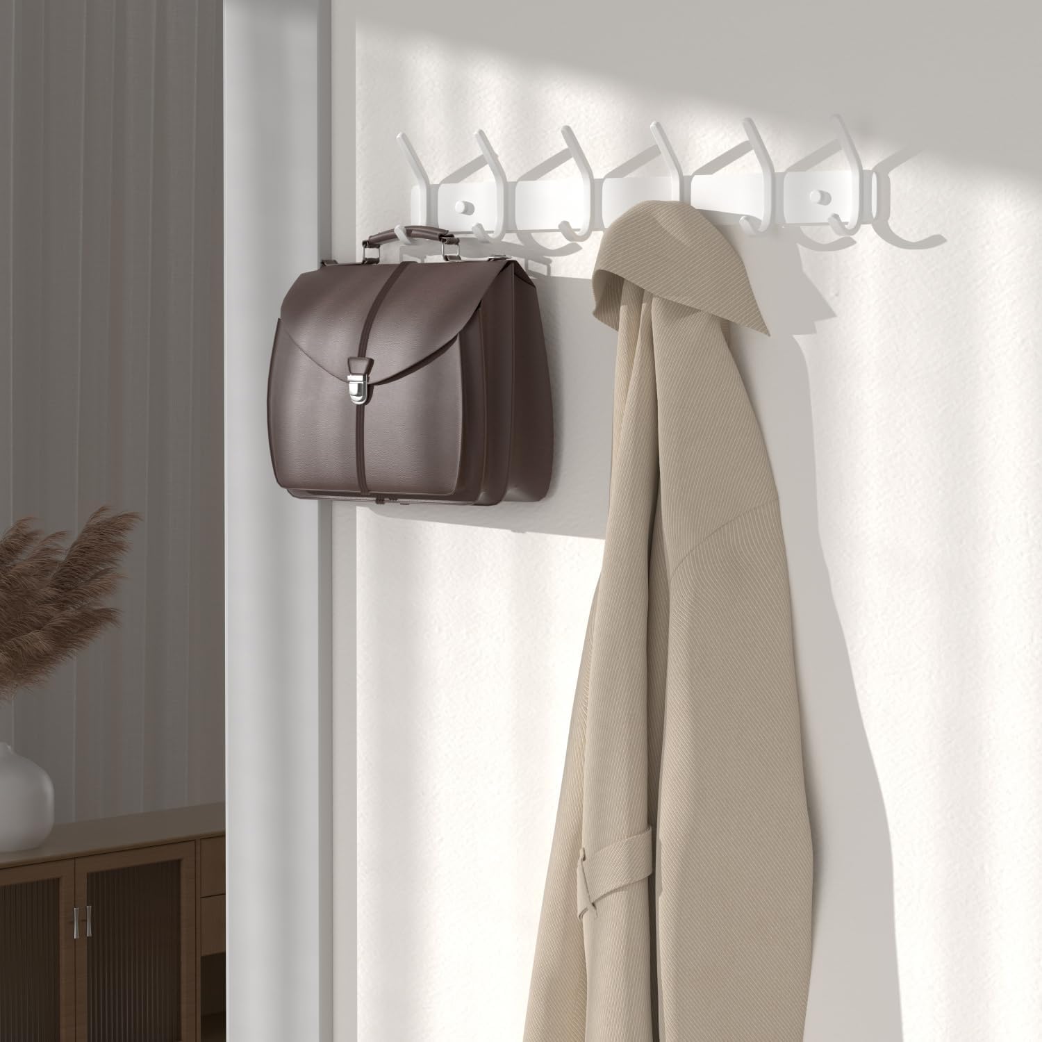 Coat Rack Wall Mount Hooks - 15 Inch Matte White Metal 6-Hook Organizer Wall Mounted, Modern Kids Room, Entryway & Bathroom Hanger for Beach Towels, Coats, Purses, Bags (2 Pack)