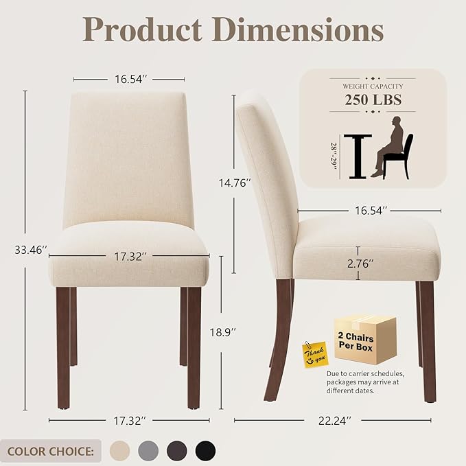 Dining Chairs Set of 2, Modern Dining Room Chairs with Wooden Legs, Upholstered Kitchen Farmhouse Parsons Chairs for Restaurant & Cafe- Beige