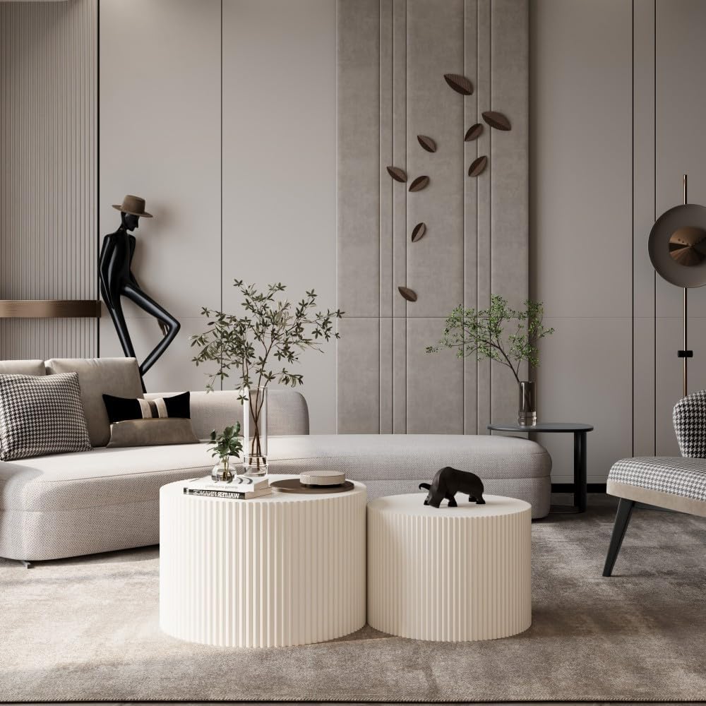 Coffee Table Set of 2, Black MDF Nesting Tables with Wave Stripe Design | Spa...