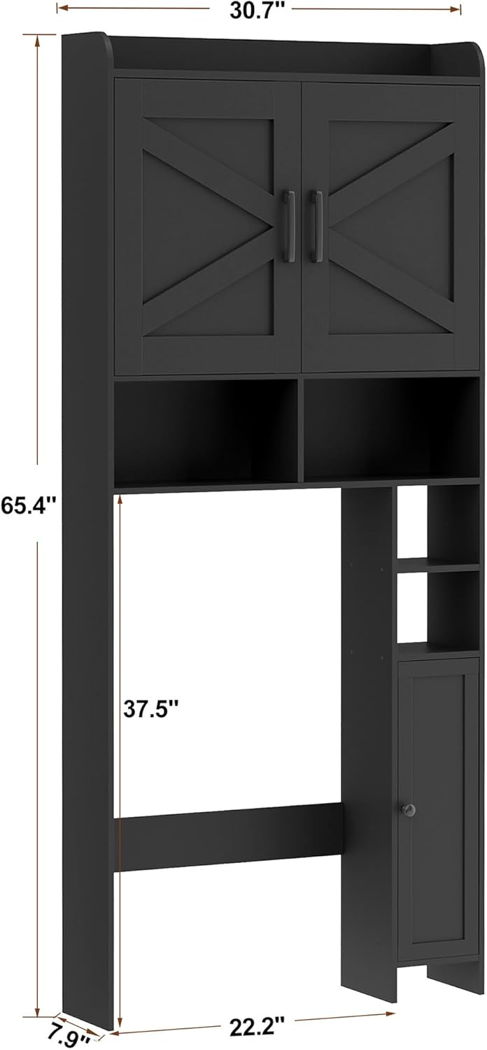 Homhedy Over The Toilet Storage Cabinet with 2 Barn Door and Toilet Paper Holder Stand, FreeStanding Toilet Shelf Space Saver, for Bathroom, Restroom, Laundry, Black