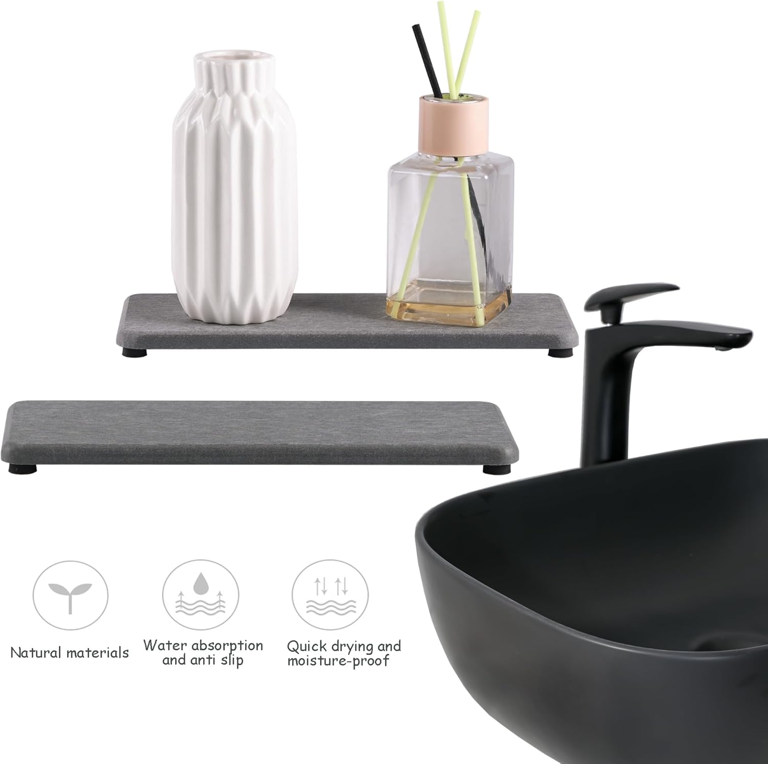 2 Pcs Water Absorbing Stone Trays, Kitchen/Bathroom Sink Soap Dish, Diatomite Tray Used for Hand Soap & Cosmetic Bottles in The Modern Home, 3.15" W x 8.7" L, Gray