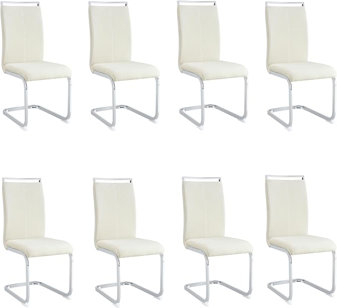 Modern Fabric Dining Chairs Set of 8,Armless Kitchen Chairs,Dining Room Chairs with Upholstered Padded Seat and Sturdy Silver Chrome Legs for Dining Room,Kitchen (White-Fabric, Set of 8)
