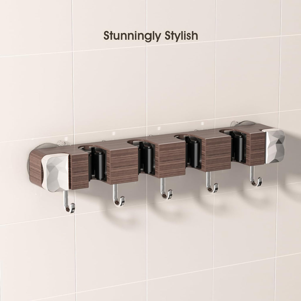 Suction Cup No Drilling Broom Holder Wall Mount, Walnut Color Mop Organizer Wall Hanging, 4 Racks 5 Hooks Tool Organizer Hanger Self Adhesive for Home, Garage, Garden, Laundry, Kitchen