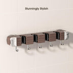 Suction Cup No Drilling Broom Holder Wall Mount, Walnut Color Mop Organizer Wall Hanging, 4 Racks 5 Hooks Tool Organizer Hanger Self Adhesive for Home, Garage, Garden, Laundry, Kitchen
