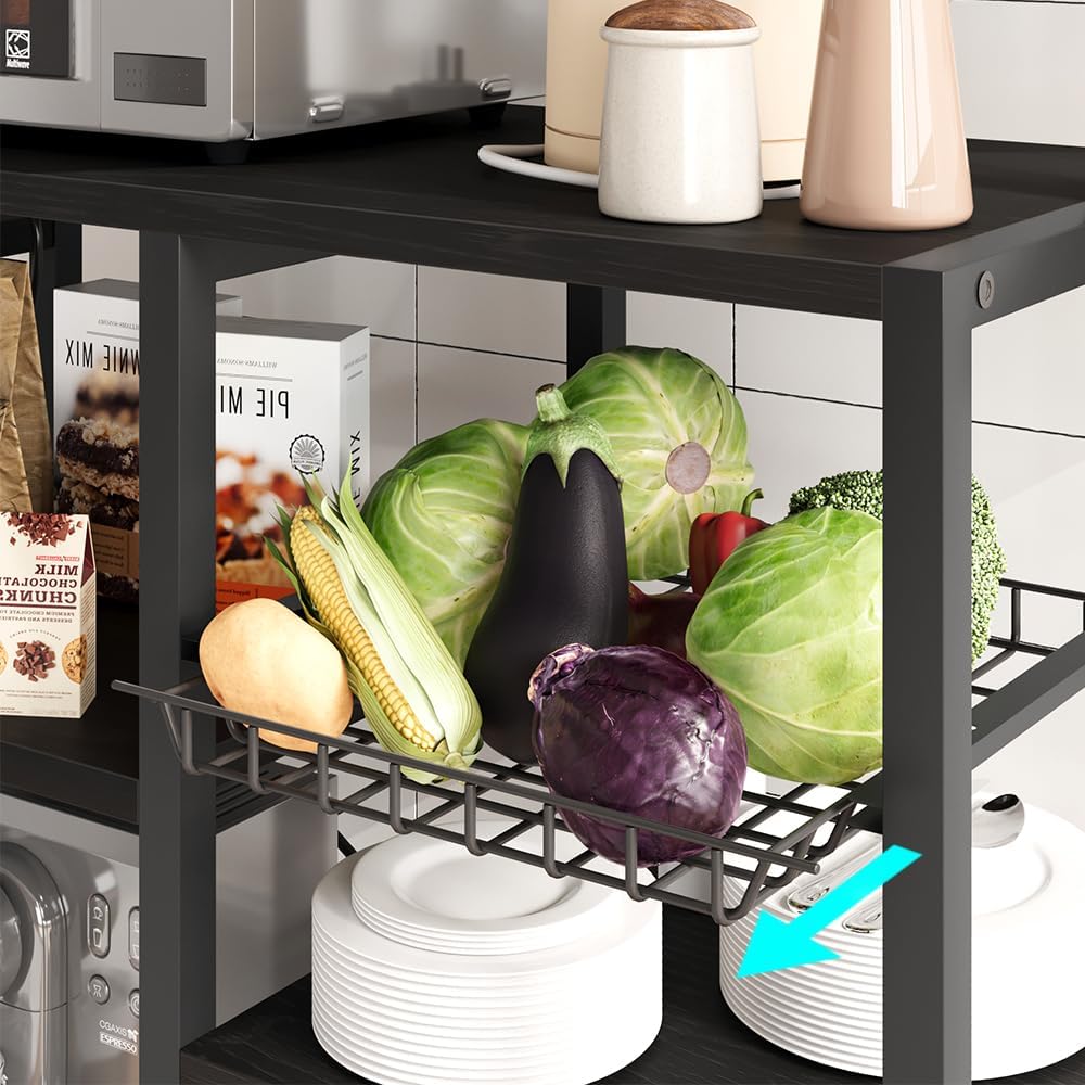IDEALHOUSE Bakers Rack with Power Outlet, Coffee Bar with Wire Drawer, Industrial Microwave Stand, Kitchen Buffet Table with Large Storage, 6-Tier Kitchen Storage Rack with Hutch, Rustic Black