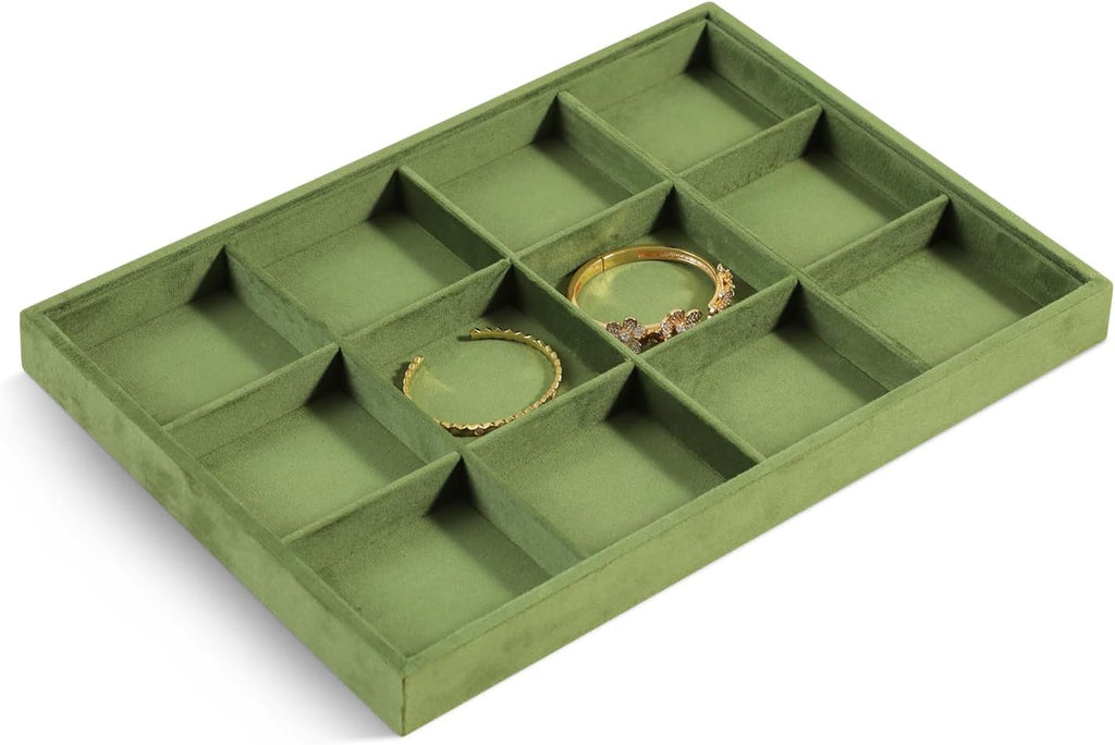 Velvet Stackable Jewelry Display Tray, 12 Grid Watch Bangle Bracelet Storage Tray, Makeup Drawer Insert Jewelry Shop Organizer Plate (Olive Green)
