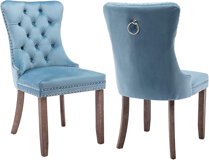 Modern Dining Chairs Set of 2, Tufted Upholstered Dining Chair with Solid Wood Legs, Light Blue Velvet Accent Chair, Sillas de Comedor, Comfy Kitchen Chairs (Light Blue, Velvet, 2Pcs)