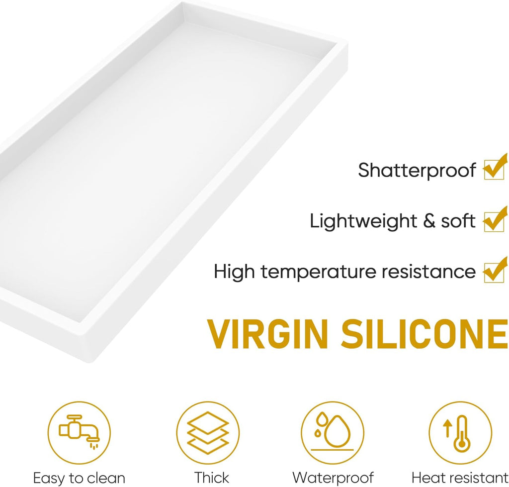 Bathroom Counter Tray,EG-SIPRO High-Grade Thickened Silicone Bathroom Vanity Tray,Shatterproof Durable Rectangle Bathroom Soap Dispenser Tray for Bathroom Countertop,White,Small+Large (EGTRAY)