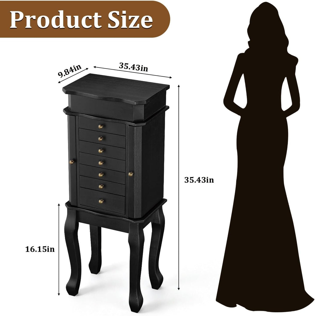 Standing Jewelry Armoire with Top Flip Mirror, 7 Drawers & 2 Side Doors, Large Freestanding Jewelry Organizer Box for Rings Earrings Necklaces Bracelets Watches Glasses (Black)