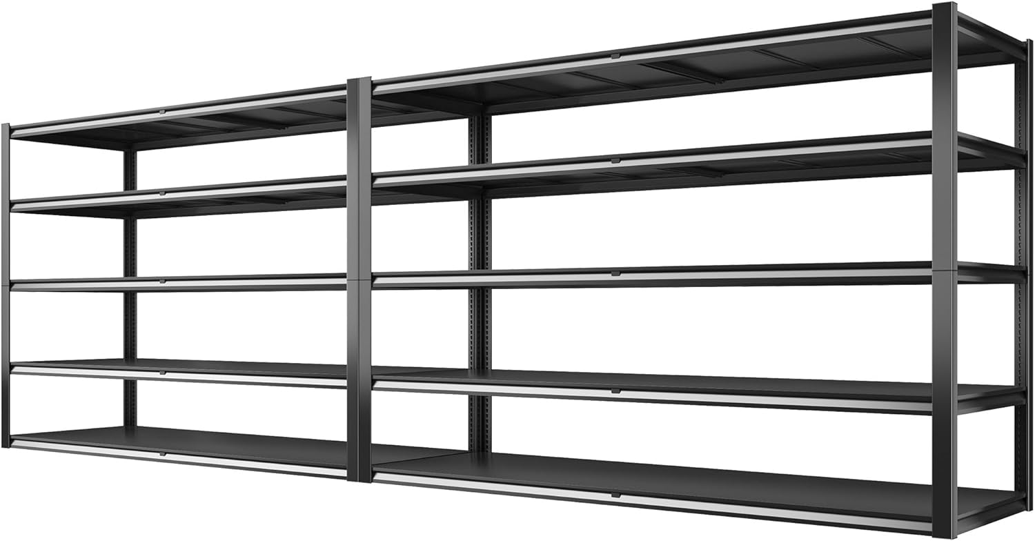 REIBII 78" H Storage Shelves, Garage Shelving Heavy Duty Load 3000LBS, Adjustable Garage Shelving, 5 Tier Metal Shelves Unit for Storage Rack, Basement, 55" W x 26" D x 78" H, Black, 2 Pack