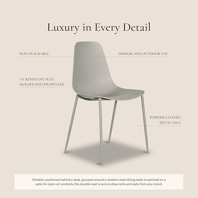 Poly & BARK Isla Modern Kitchen Chairs Set of 4 - Plastic Dining Chair with Metal Legs - Quick Assembly Simple Cafe Chairs Plastic for Indoor or Outdoor - Feather Grey
