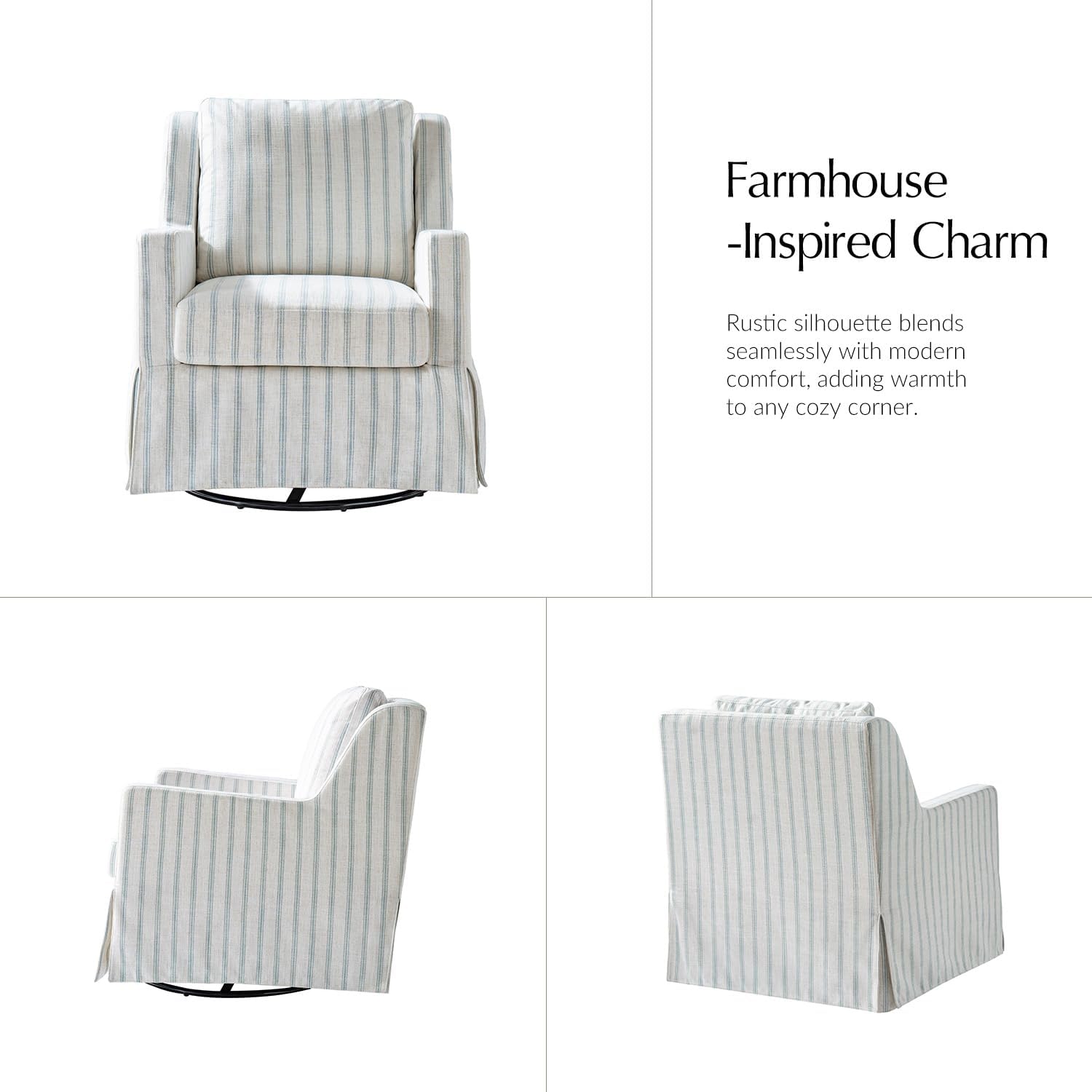HULALA HOME Farmhouse Swivel Rocker Chair with Washable Slipcover, Blue | Swivel Rocking Accent Chair with Down Filled Cushions, Striped Fabric Upholstered Barrel Armchair for Living Room Bedroom
