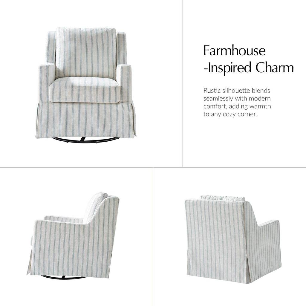 HULALA HOME Farmhouse Swivel Rocker Chair with Washable Slipcover, Blue | Swivel Rocking Accent Chair with Down Filled Cushions, Striped Fabric Upholstered Barrel Armchair for Living Room Bedroom
