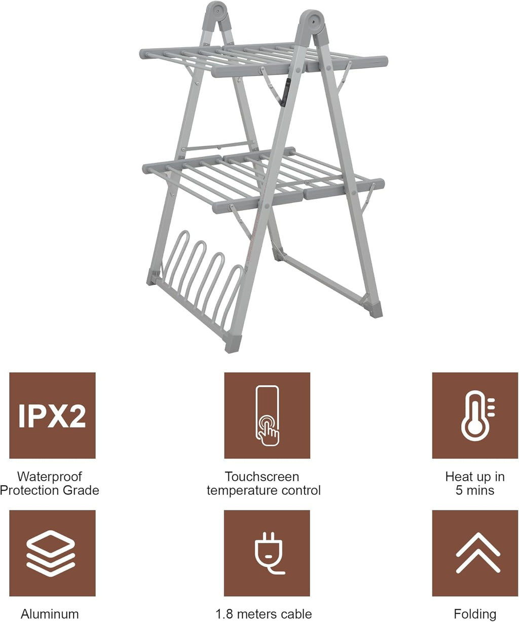 Electric Heated Clothes Drying Rack,Foldable Heated Garment Dryer with Timer Shut-Off Laundry Rack for Clothes Shoes Socks,Aluminum Alloy,Silvery Gray,Plug & Play,(39.37x25.98x23.82in)