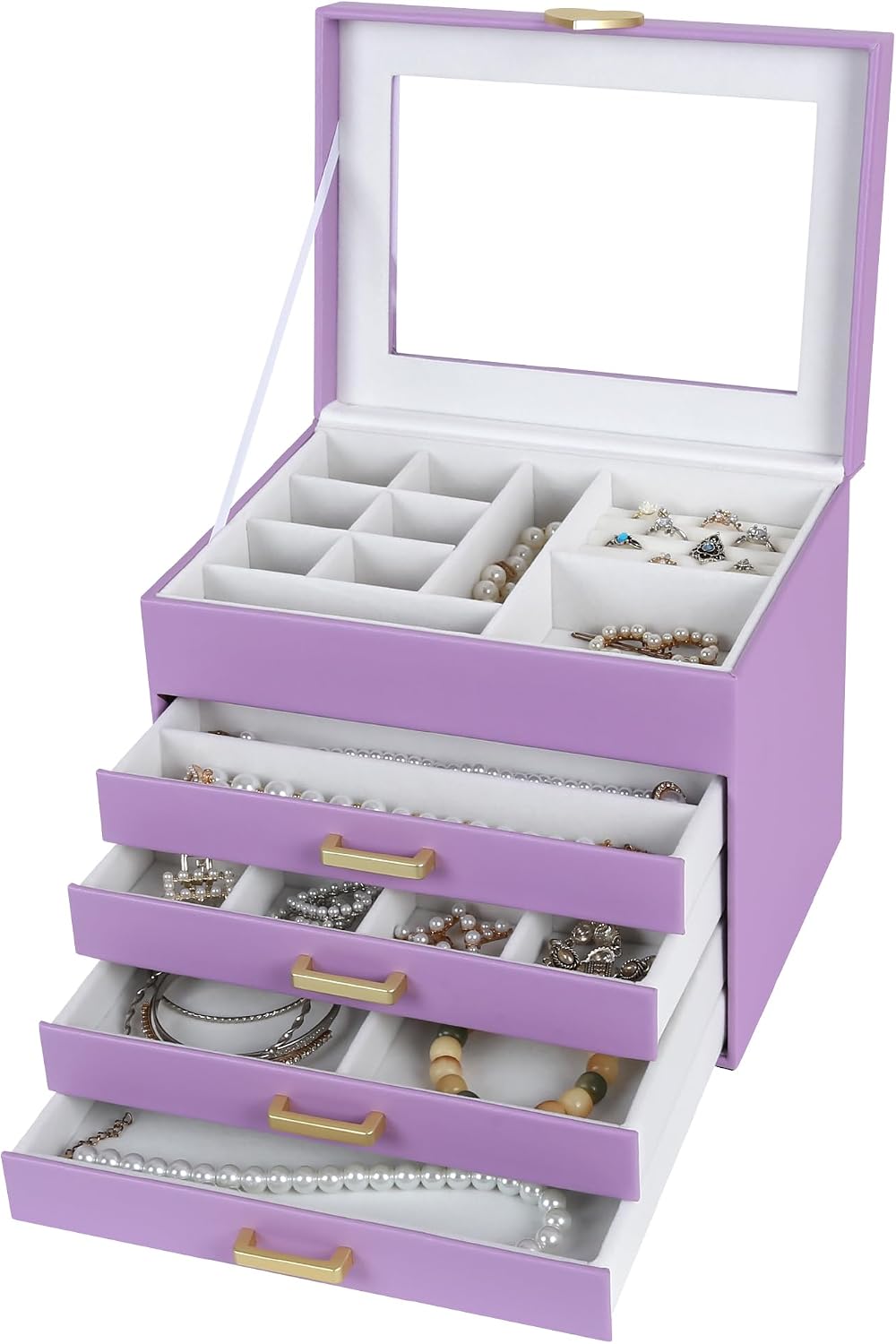 Kendal Jewelry Box, 5-Layer Jewelry Organizer Box with Glass Lid, Purple, Heart Shaped PU Leather, Storage Box for Necklace Earrings Rings Bracelets, Gift Idea for Girls LJC4DRPL