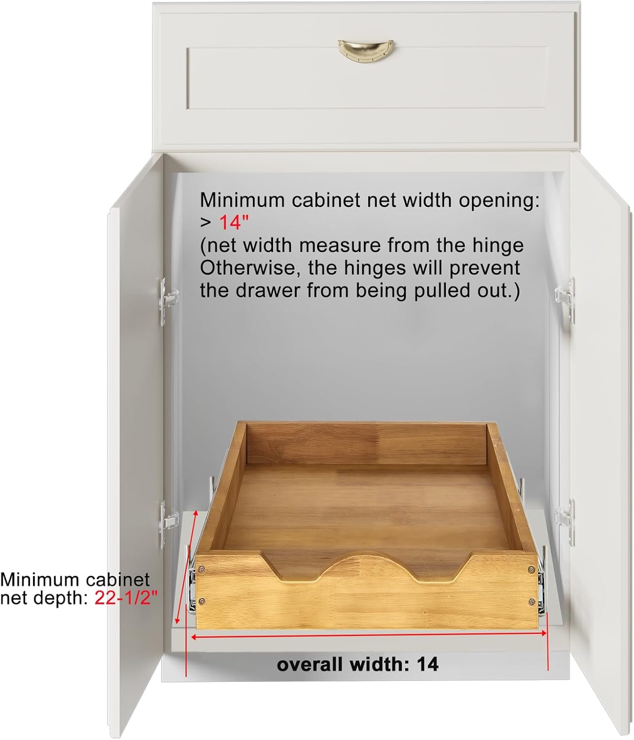 DINDON 1 Tier Pull Out Cabinet Organizer (14" W x 21" D) Single Tier Heavy Duty Sliding Wood Drawer Under Cabinet Shelf Organization Storage