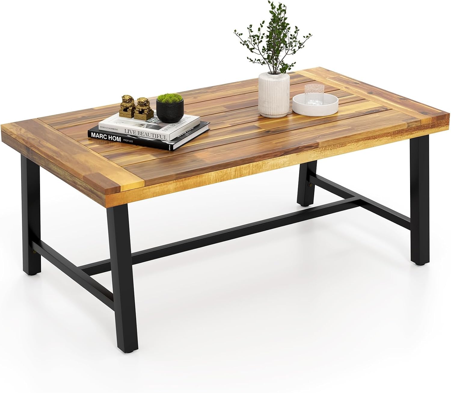 Tangkula Outdoor Acacia Wood Coffee Table, Rectangle Rustic Accent Table with Thickened Top & Heavy-Duty Metal Legs, for Patio, Deck, Garden, Natural