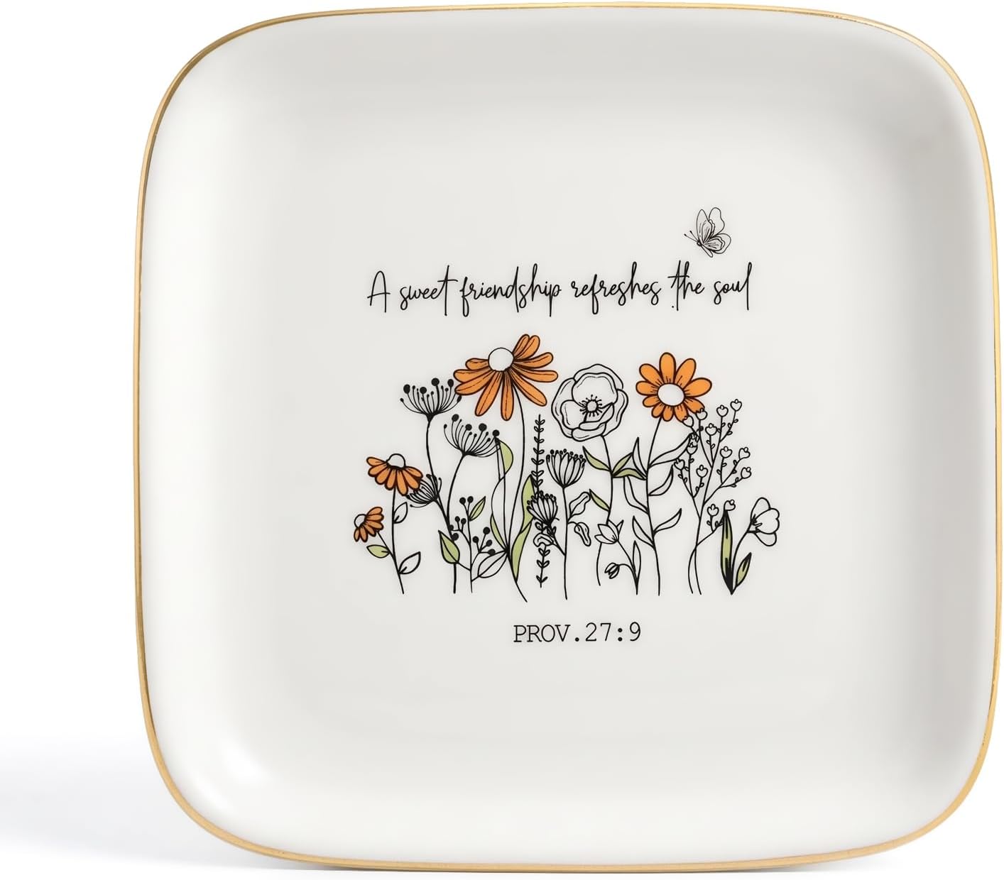 Friendship Gift for Women, Christian Bible Verse Jewelry Dish Trinket Tray-A Sweet Friendship Refreshes the Soul-Proverbs 27:9, Square Ceramic Jewelry Dish Gift for Sister BFF