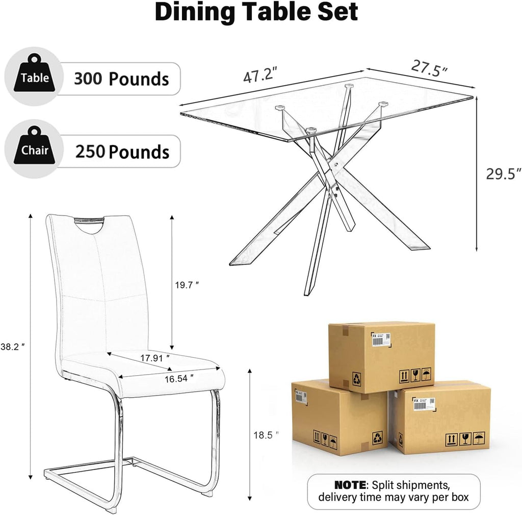 5-Piece Dining Table Set for 4, Modern Rectangular Glass Table with 4 Upholstered Leather Chairs, Space-Saving Dining Room Furniture Table & Chair Sets for Small Spaces&Apartment(Black&Silver)