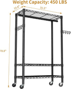Heavy Duty Clothes Rack Rolling Garment Rack,3 Tier Adjustable Wire Shelving Clothing Racks for Hanging Clothes with Hanger Rod&Side Hooks,Freestanding Wardrobe Storage Rack Metal Portable Closet