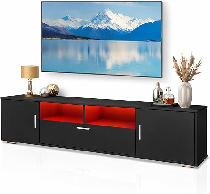 63 Inch Black TV Stand with 16-Color LED Lights, Classic Modern Entertainment Center with Horizontal Drawer & Side Cabinets for TVs up to 75 Inches, Wood Media Console