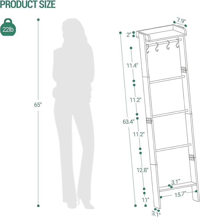 Blanket Ladder Shelf for Living Room, Decorative Quilt Rack with Storage Shelf, 6-Tier Farmhouse Ladder Holder Organizer with 4 Removable Hooks for Bedroom, Black BR35804B