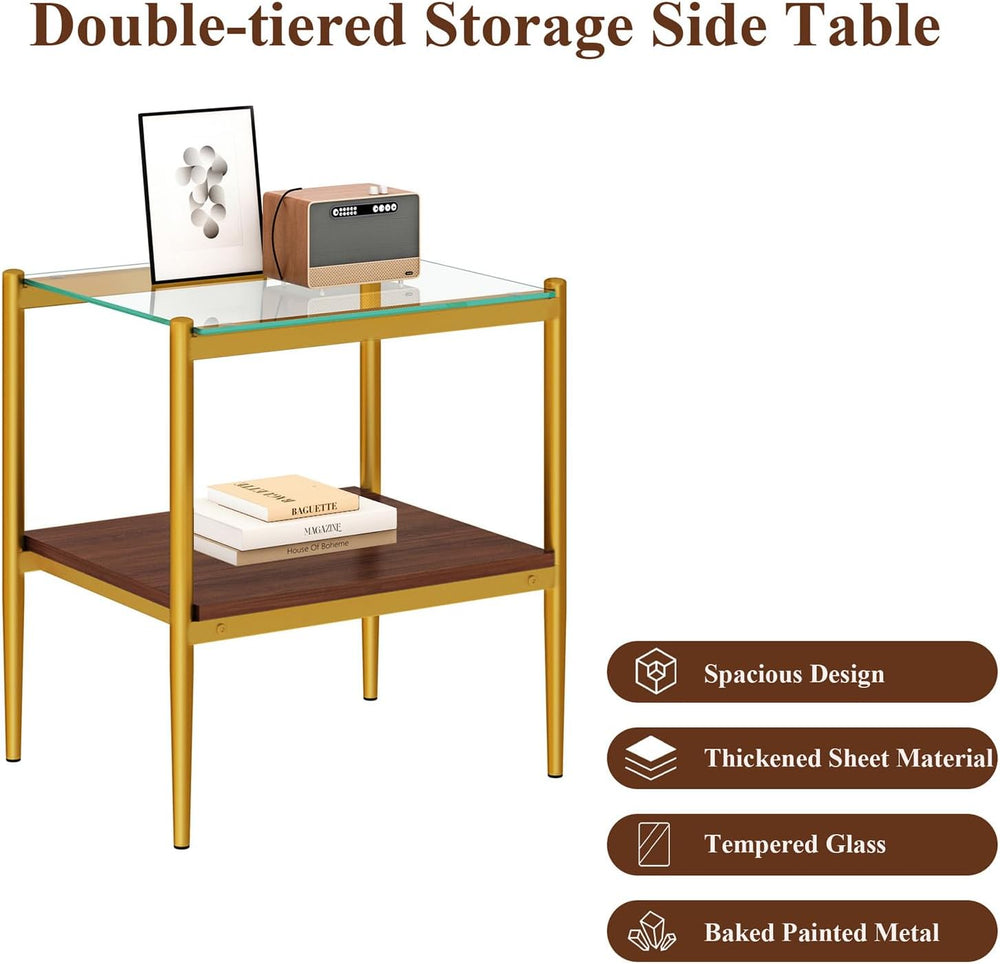 Modern Tempered Glass End Table, 19.1"L x 15.35"W Side Table with S...