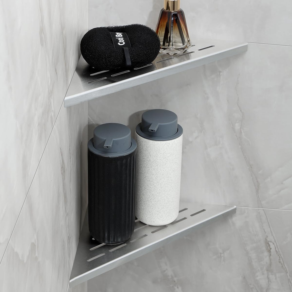2-Pack 10" Wall Mounted Corner Shower Shelf - No Drilling Recessed Bathroom Shelves, Triangular Shower Caddy Organizer, Rustproof Stainless Steel Shower Shelves for Tiled Walls(Brushed)