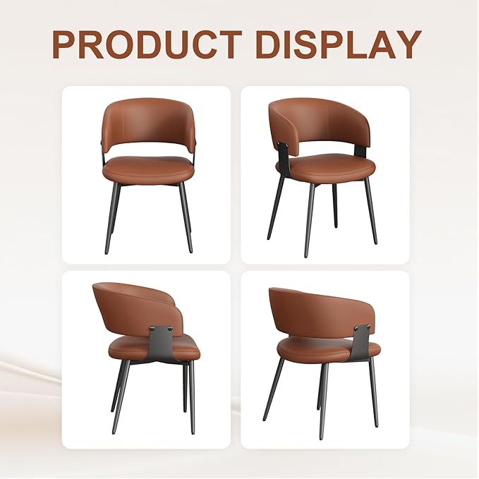 Modern Dining Chairs Set of 6, Faux Leather Upholstered Kitchen Chairs with Curved Back and Metal Legs, Mid Century Chairs for Dining Room, Kitchen, or Café (Brown)