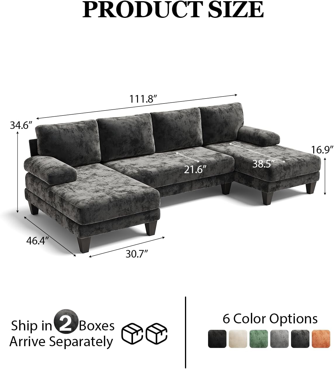 U-Shaped Sectional Couches for Living Room | 112 Inch Modern Sectional Couch | Dark Grey Chenille Sofa with Double Chaise for Apartment
