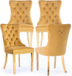 Velvet Upholstered Dining Chairs Set of 4, Modern Style Kitchen Side Chairs with Nailhead Trim and Gold Plated Leg, Metal Pulling Ring for Dining Room Living Room(Gold-Gold Plated Leg)