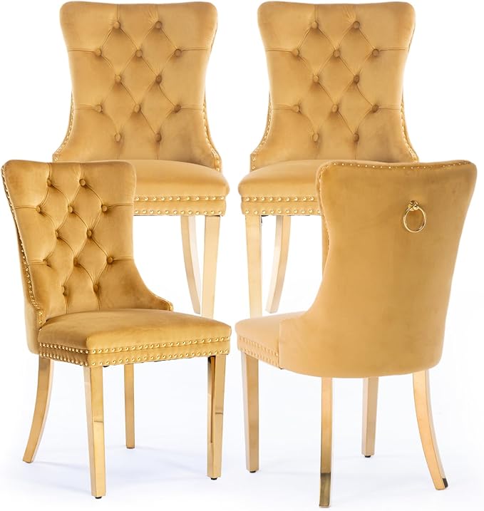 Velvet Upholstered Dining Chairs Set of 4, Modern Style Kitchen Side Chairs with Nailhead Trim and Gold Plated Leg, Metal Pulling Ring for Dining Room Living Room(Gold-Gold Plated Leg)