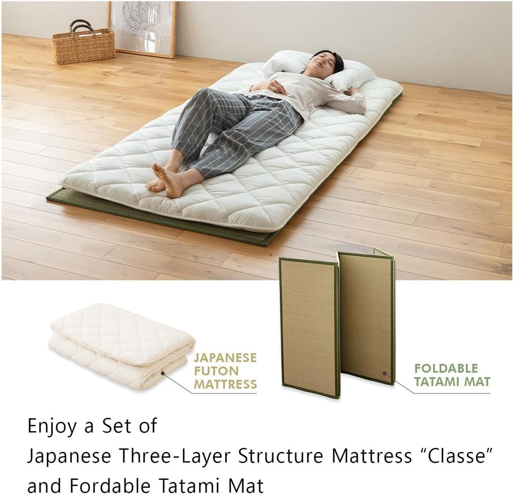 EMOOR Japanese Futon Mattress Premium CLASSE and Tatami Mat Set Twin, Floor Sleeping Mat Sikibuton Igusa Natural Cotton