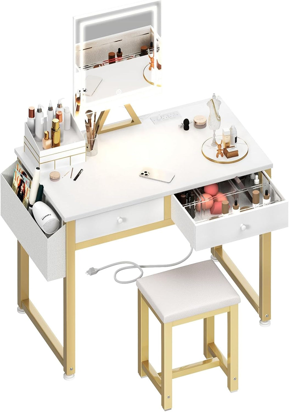 Lufeiya Small Makeup Vanity Desk with Mirror and Light, 32 inch White Vanity ...
