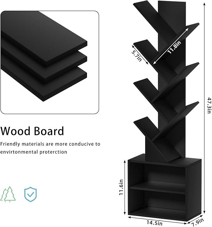 10 Tier Tree Bookshelf,Floor Standing Wood Tall Bookcase for Narrow Space, St...