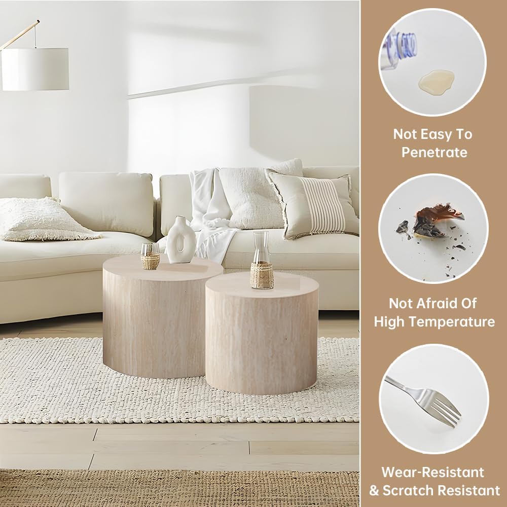 18" Round Travertine Nesting Coffee Table Set of 2 (Travertine) | for Li...