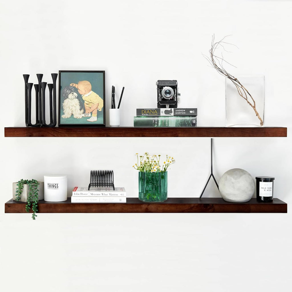 Homeforia 48 inch Walnut Floating Shelf, High End Solid Real Wood Large 48inch Floating Shelves for Wall, Dark Brown 48 inches Long Floating Shelves, Heavy Duty Bracket, 48 X 6.5 X 1.75 inch, Set of 3