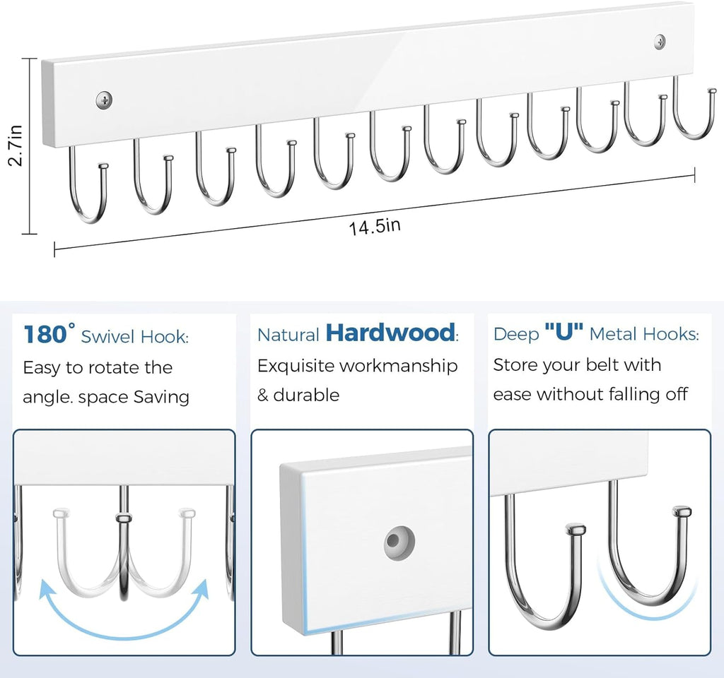 Belt Hanger Wall Mounted, Wooden Coat Rack Belt Organizer 2 Pack Max 24 Storage Capacity, 180° Rotating Space Saving Hangers for Ties, Tank Tops, Scarves, Bras, Keys, Bags White